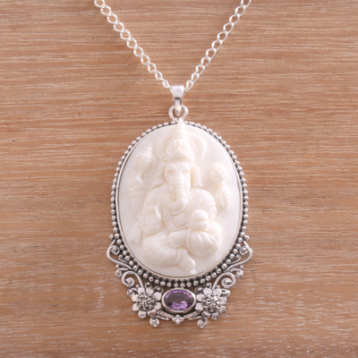 Amethyst and bone pendant necklace, 'Ganesha Blessing' - Amethyst and Bone Ganesha Necklace from Bali