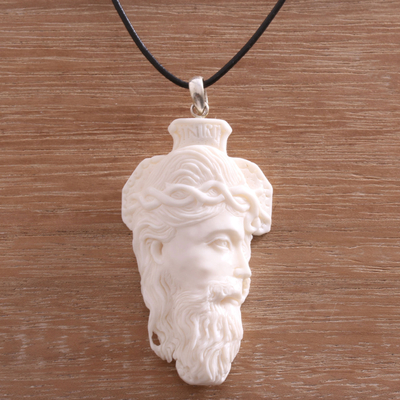 Bone pendant necklace, 'Jesus Portrait' - Hand-Carved Bone Jesus Pendant Necklace from Bali