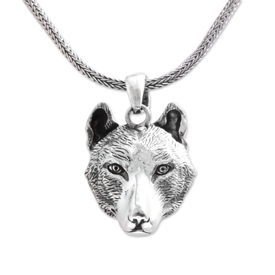 Sterling silver pendant necklace, 'Wolf' - Handcrafted Sterling Silver Wolf Head Pendant Necklace