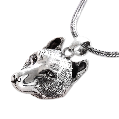 Sterling silver pendant necklace, 'Wolf' - Handcrafted Sterling Silver Wolf Head Pendant Necklace