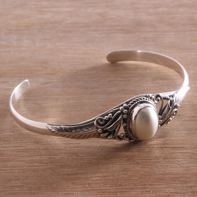Cultured pearl cuff bracelet, 'Moonlight Shade' - Cultured Pearl Pendant Cuff Bracelet from Bali