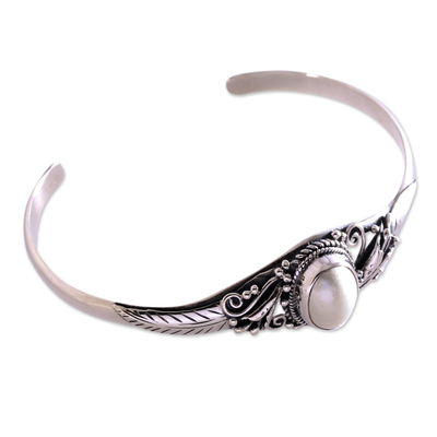 Cultured pearl cuff bracelet, 'Moonlight Shade' - Cultured Pearl Pendant Cuff Bracelet from Bali