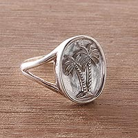Sterling silver signet ring, 'Paradise Island' - Sterling Silver Palm Tree Signet Ring from Bali