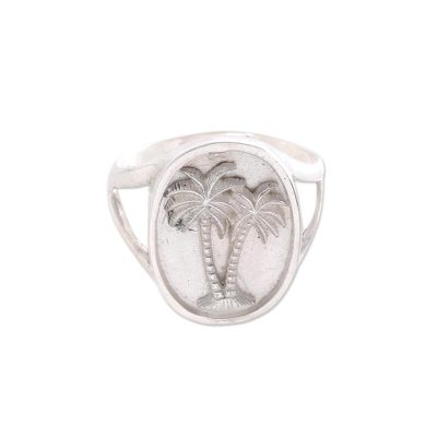 Sterling silver signet ring, 'Paradise Island' - Sterling Silver Palm Tree Signet Ring from Bali
