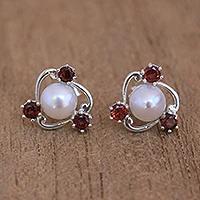 Cultured pearl and garnet stud earrings, 'Sparks Fly' - Cultured Pearl and Garnet Stud Earrings from Bali