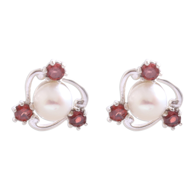 Novica Cultured Pearl and Garnet Stud Earrings from Bali