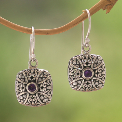 Amethyst dangle earrings, 'Bali Cross' - Cross Motif Amethyst Dangle Earrings from Bali