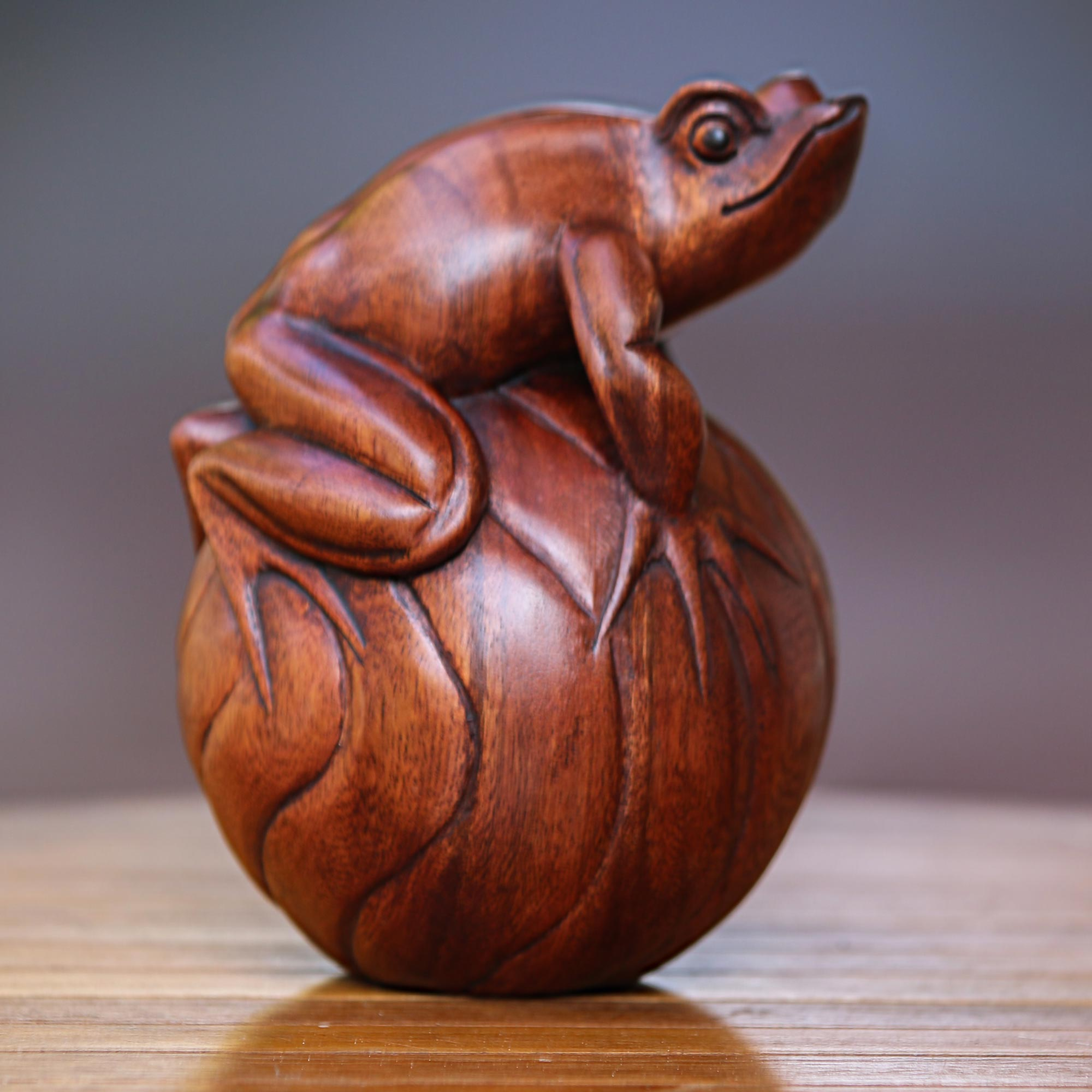 Hand-Carved Suar Wood Frog Figurine from Bali - Frog on a Ball
