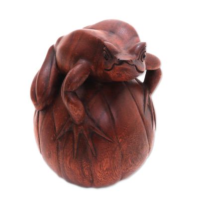 estatuilla de madera - Figura de rana de madera de suar tallada a mano de Bali