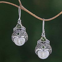 Peridot dangle earrings, 'Celuk Pangeran' - Peridot and Carved Bone Dangle Earrings from Bali