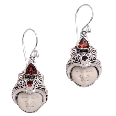 Garnet dangle earrings, 'Celuk Pangeran' - Garnet and Carved Bone Dangle Earrings from Bali