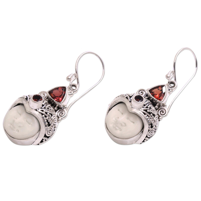 Garnet dangle earrings, 'Celuk Pangeran' - Garnet and Carved Bone Dangle Earrings from Bali
