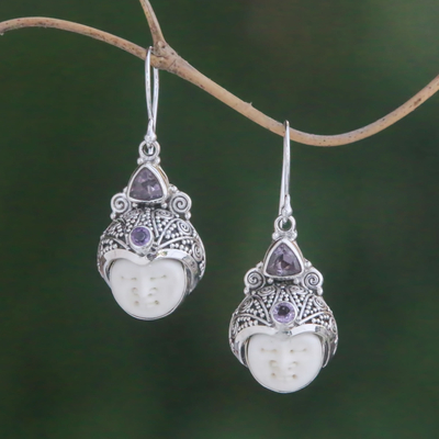 Amethyst dangle earrings, 'Celuk Pangeran' - Amethyst and Carved Bone Dangle Earrings from Bali