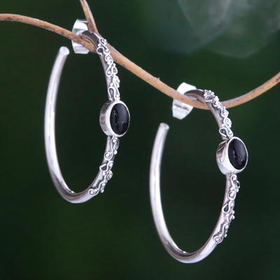 Onyx half-hoop earrings, 'Bali Memories' - Onyx Half-Hoop Earrings from Bali