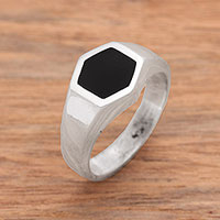 Sterling silver signet ring, 'Simple Hex'