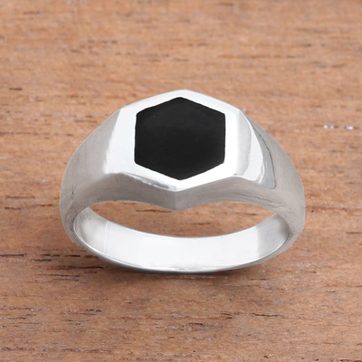 Sterling silver signet ring, 'Simple Hex' - Hexagon Sterling Silver Signet Ring Crafted in Bali