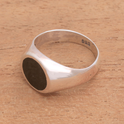 Sterling silver signet ring, 'Graceful Gerhana' - Sterling Silver Signet Ring with Black Resin from Bali