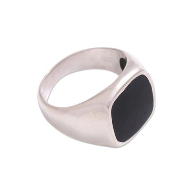 Sterling silver and resin signet ring, 'Shadowy Window' - Black Resin and Sterling Silver Signet Ring from Bali