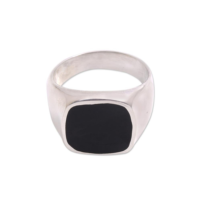 Sterling silver and resin signet ring, 'Shadowy Window' - Black Resin and Sterling Silver Signet Ring from Bali