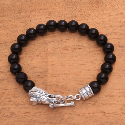 Men's onyx beaded bracelet, 'Dark Stallion' - Men's Horse-Themed Onyx Beaded Bracelet from Bali
