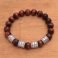 Herren-Stretch-Armband mit Tigerauge-Perlen, „Sunrise Bark“ – Stretch-Armband mit Tigerauge-Perlen für Herren aus Bali