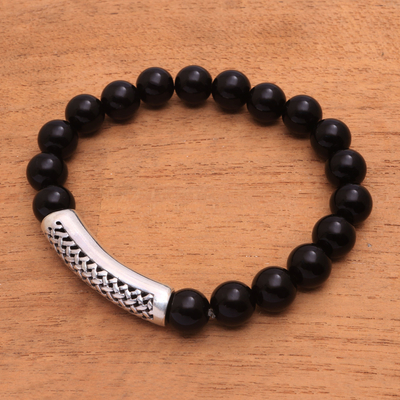 Onyx-Anhängerarmband für Herren - Herren-Armband mit Onyx-Perlenanhänger aus Bali