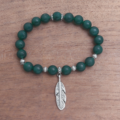 UK Handmade Lucky Feather & Turquoise Sterling Silver Beaded Stretch Bracelet