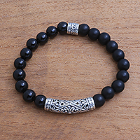 Onyx beaded stretch bracelet, 'Batuan Wangi' - Onyx Beaded Stretch Pendant Bracelet from Bali
