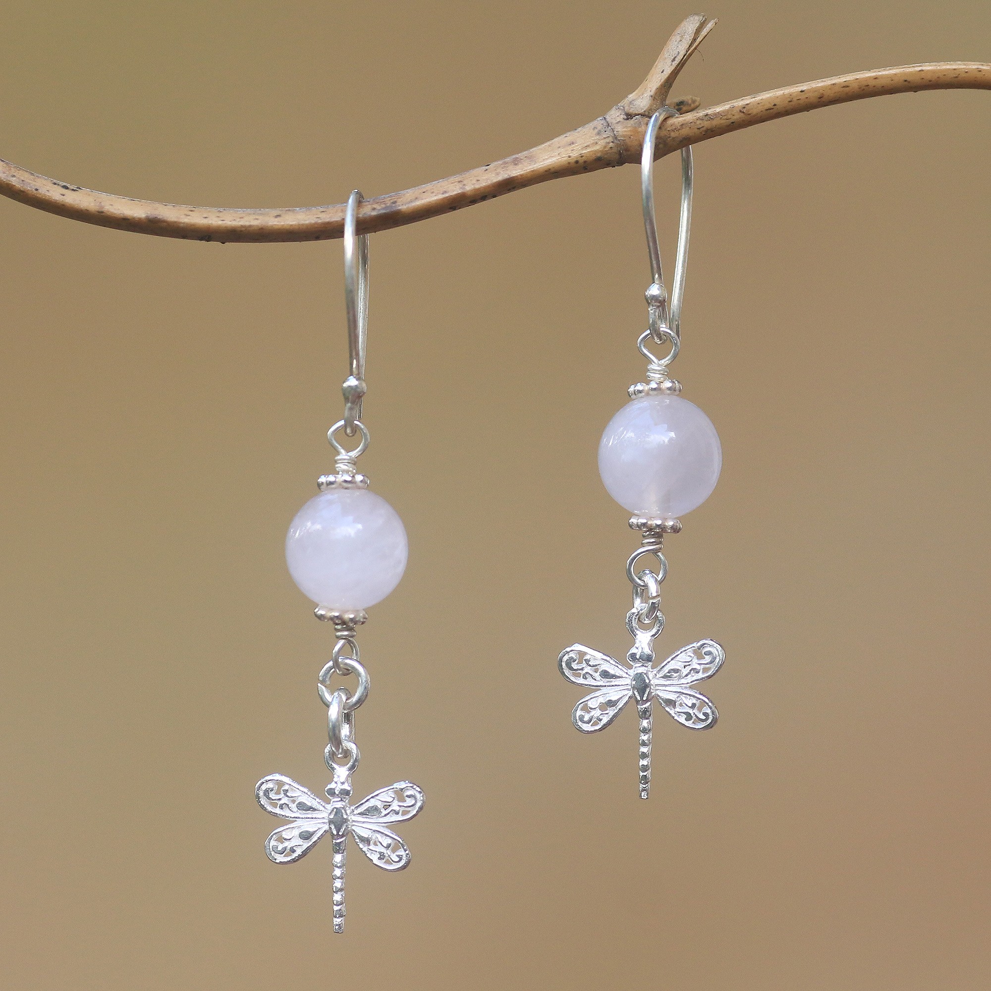 Rose Quartz Dragonfly Dangle Earrings From Bali Whisper Rose Quartz Dragonfly Dangle Earrings From Bali Whisper