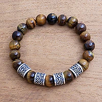 Perlen-Stretch-Armband für Herren, „Shadow Shrine“ – Tigerauge-Stretch-Armband für Herren aus Bali