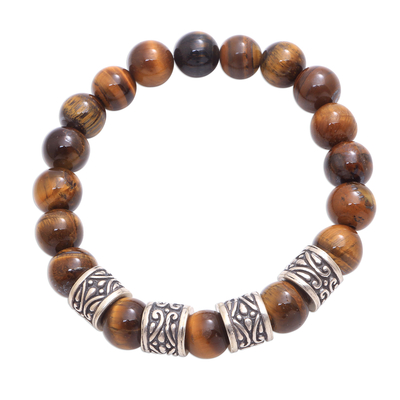 Men's beaded stretch bracelet, 'Shadow Shrine' - Men's Tiger's Eye Beaded Stretch Bracelet from Bali