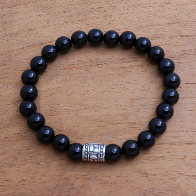 Onyx beaded stretch bracelet, 'Midnight Pebbles' - Black Onyx Beaded Stretch Bracelet from Bali