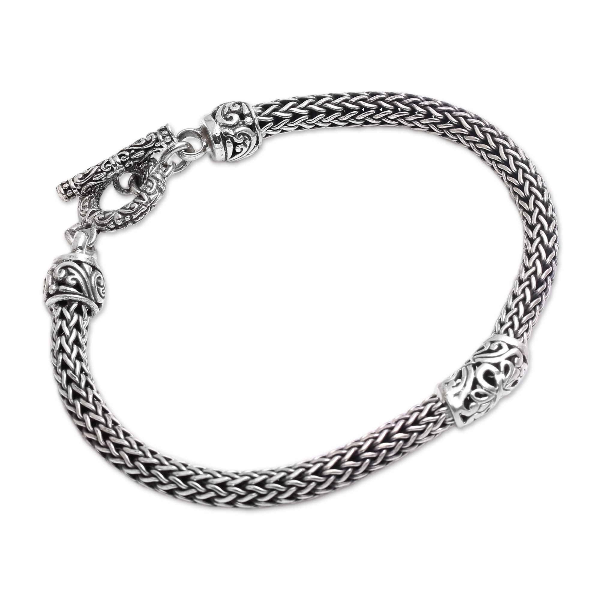 Floral Motif Sterling Silver Naga Pendant Bracelet from Bali - Chic ...