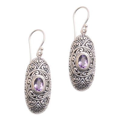 Amethyst dangle earrings, 'My Protector in Purple' - Amethyst and Sterling Silver Dangle Earrings from Bali
