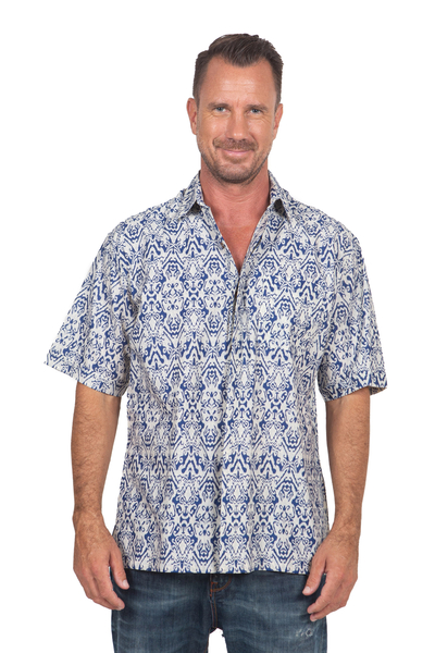 Men's Blue and Cream Batik Print Cotton Shirt from Bali - Jepara Sky ...