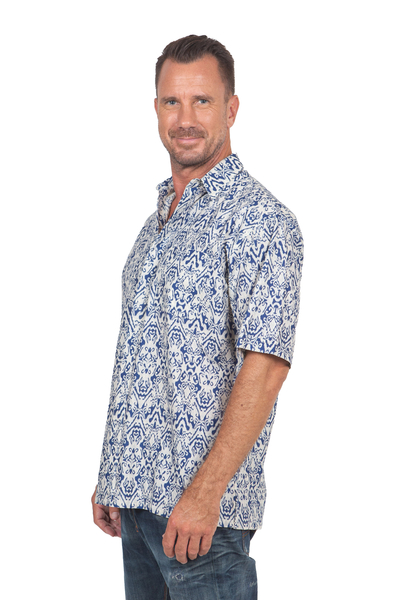 NOVICA Men's Short-sleeved Green Cotton Batik Shirt from Bali