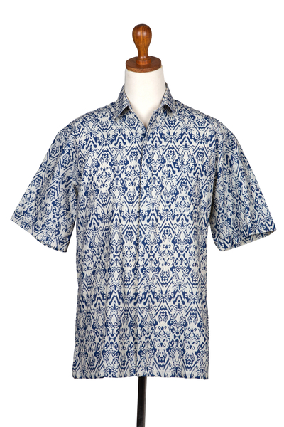 NOVICA Men's Short-sleeved Green Cotton Batik Shirt from Bali