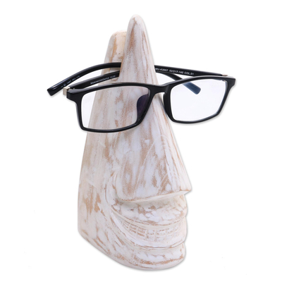 Whimsical White Hand Carved Wood Face Eyeglasses Holder