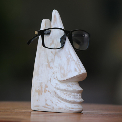Wood eyeglasses holder, 'Nosing Around in White' - Whimsical White Hand Carved Wood Face Eyeglasses Holder