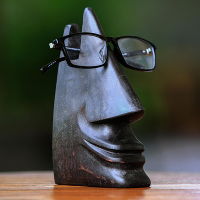 Wood eyeglasses holder, 'Nosing Around in Dark Brown' - Whimsical Dark Brown Hand Carved Wood Face Eyeglasses Holder
