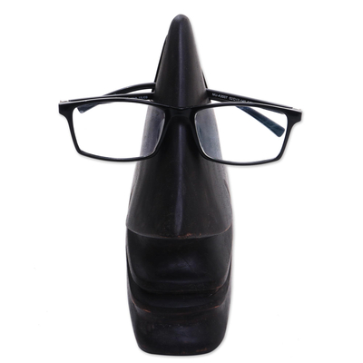 Wood eyeglasses holder, 'Nosing Around in Dark Brown' - Whimsical Dark Brown Hand Carved Wood Face Eyeglasses Holder