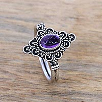 Handcrafted Amethyst Cocktail Ring from Bali,'Daydream Temple'