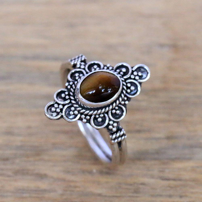 Tiger's eye cocktail ring, 'Daydream Temple' - Handcrafted Tiger's Eye Cocktail Ring from Bali