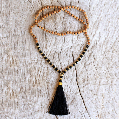 Gold accented onyx and wood beaded mala necklace, Batuan Harmony