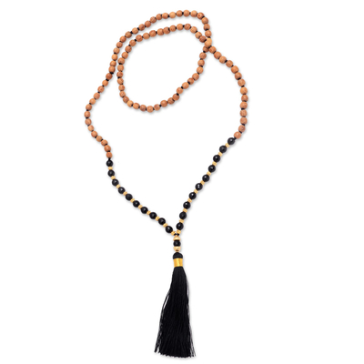 Gold accented onyx and wood beaded mala necklace, 'Batuan Harmony' - 18k Gold Accented Onyx Beaded Mala Necklace from Bali