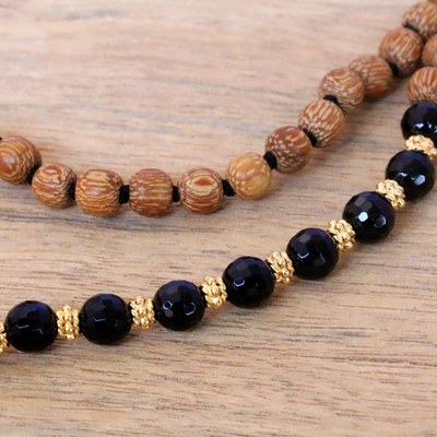 Gold accented onyx and wood beaded mala necklace, 'Batuan Harmony' - 18k Gold Accented Onyx Beaded Mala Necklace from Bali