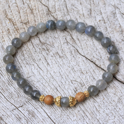 Gold accented labradorite beaded stretch bracelet, 'Batuan Hatmony' - Gold Accented Labradorite Beaded Stretch Bracelet from Bali