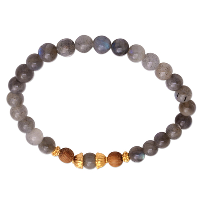 Gold accented labradorite beaded stretch bracelet, 'Batuan Hatmony' - Gold Accented Labradorite Beaded Stretch Bracelet from Bali