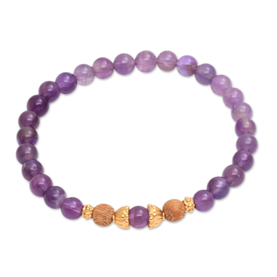 Gold accent amethyst beaded stretch bracelet, 'Batuan Tune' - Amethyst Beaded Bracelet with 22k Gold Plated Accents