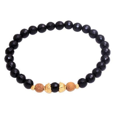 Stretcharmband mit Onyxperlen und Goldakzent - Goldakzentiertes Onyx-Perlen-Stretch-Armband aus Bali
